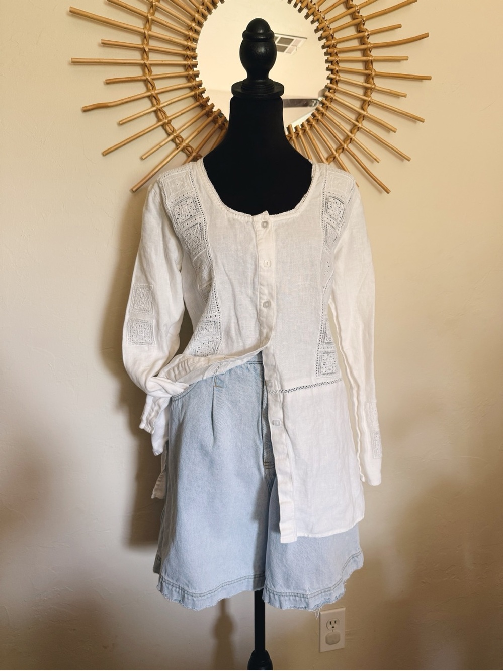 White Linen Crochet-Trim Button Front Women's Top